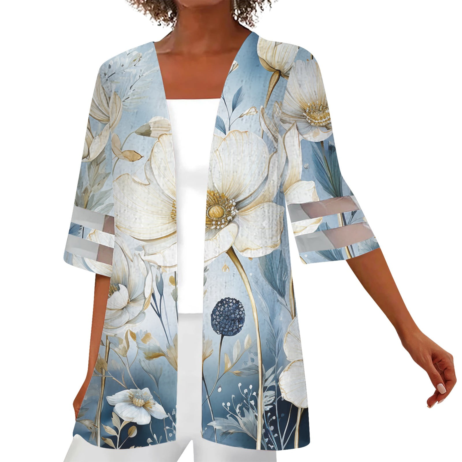 ECOWISH Women's Floral Striped Kimono Cardigan | Long Sleeve Open Front Sweater | Lightweight Knit Cover Up | Size XL
