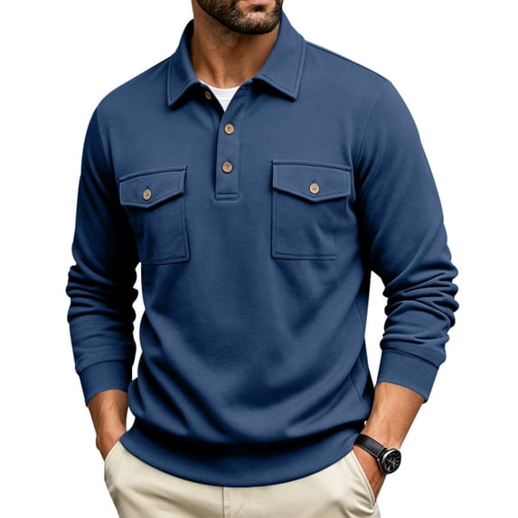 JULMCOMO Polo Shirts for Men Button Collared Casual Workwear Style Long Sleeve Shirts Regular Fit Work Tops with Chest Pockets Blue 3XL