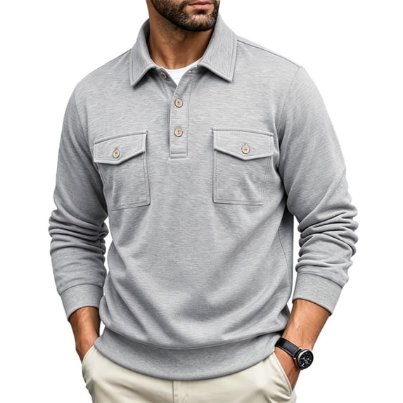 JULMCOMO Polo Shirts for Men Button Collared Casual Workwear Style Long Sleeve Shirts Regular Fit Work Tops with Chest Pockets Light Gray XL