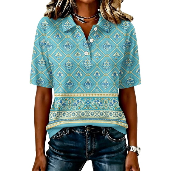 JULMCOMO Polo Shirts for Women Floral Print Collared Short Sleeve Button Loose Fit Trendy Golf Shirts Daily Comfy Casual Blouses Green XL