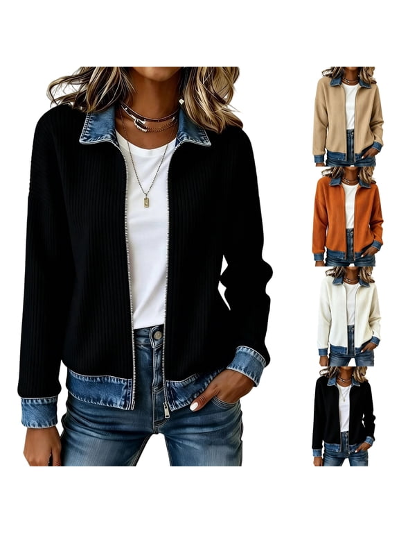 Ribbed Knit Jacket for Women Collared Denim Contrast Zip Up Jacket Spliced Jean Trim Long Sleeve Casual Cardigan Black L