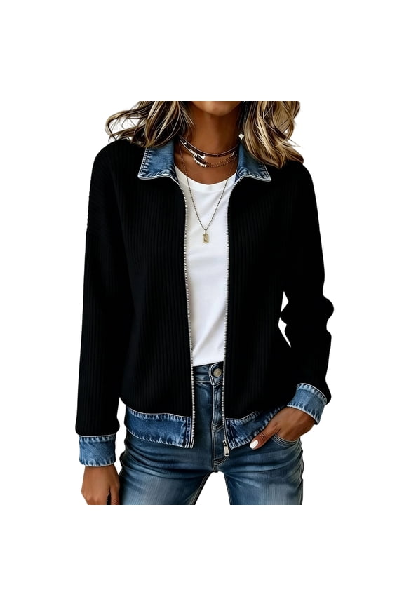 Ribbed Knit Jacket for Women Collared Denim Contrast Zip Up Jacket Spliced Jean Trim Long Sleeve Casual Cardigan Black XL