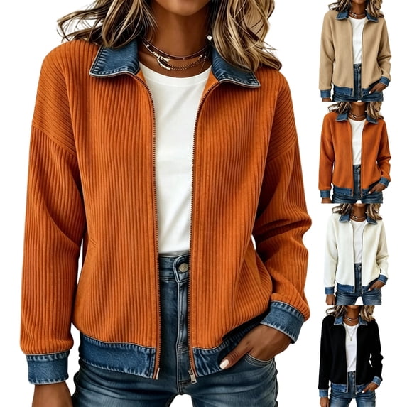 JULMCOMO Ribbed Knit Jacket for Women Collared Denim Contrast Zip Up Jacket Spliced Jean Trim Long Sleeve Casual Cardigan Saffron 2XL
