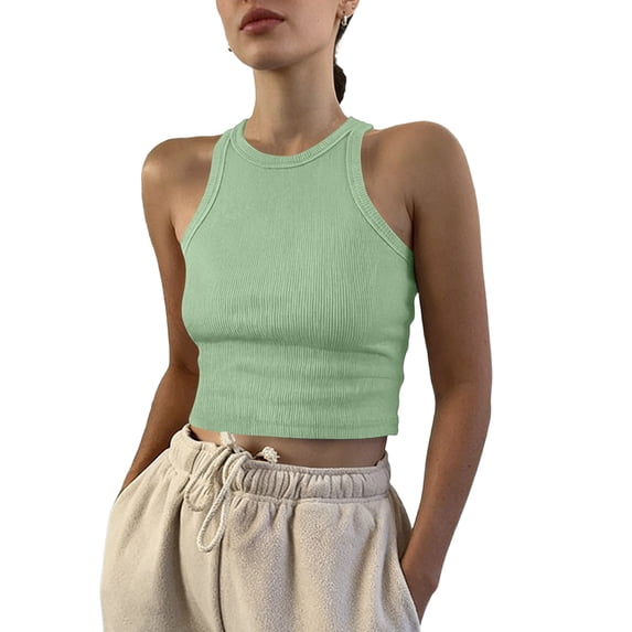 JULMCOMO Ribbed Knit Tank Tops for Women Crew Neck Solid Casual Summer Cropped Tank Tops Slim Fit Sleeveless Trendy Comfy Shirts Cyan M