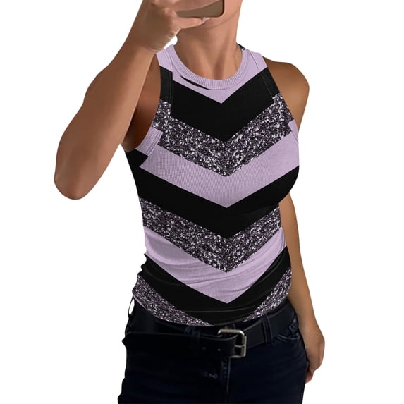 JULMCOMO Ribbed Knit Tank Tops for Women Plaid Crew Neck Sleeveless Summer Tank Tops Striped Color Block Slim Fit Casual Shirts Purple Pink XL