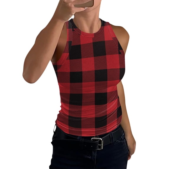 JULMCOMO Ribbed Knit Tank Tops for Women Plaid Crew Neck Sleeveless Summer Tank Tops Striped Color Block Slim Fit Casual Shirts Red S
