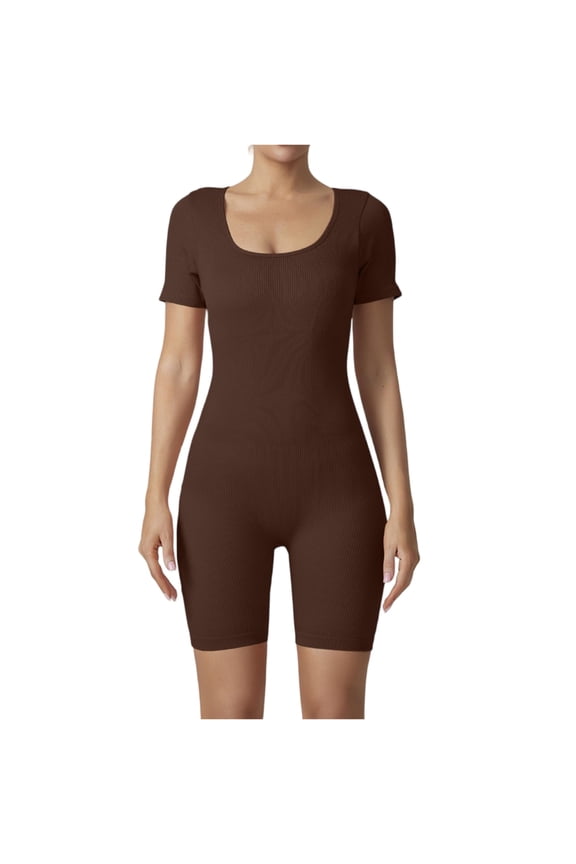 Ribbed Rompers for Women Scoop Neck Short Sleeve Fitness Summer Outfits Seamless Stretchy Workout Gym Yoga Rompers Coffee M