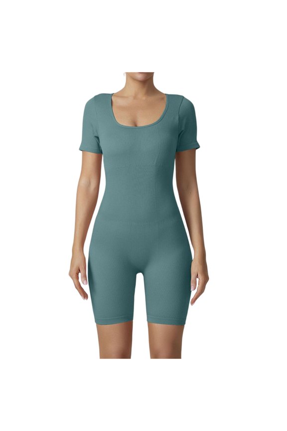 Ribbed Rompers for Women Scoop Neck Short Sleeve Fitness Summer Outfits Seamless Stretchy Workout Gym Yoga Rompers Sky Blue L