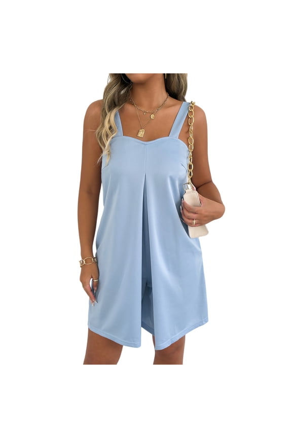 Rompers for Women Square Neck Sleeveless Casual Loose Fit Short Jumpsuits Wide Leg Pleated Summer Vacation One Piece Rompers with Pockets Light Blue 2XL