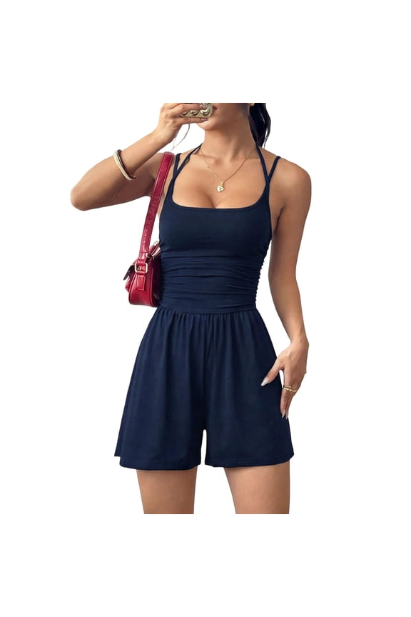 Rompers for Women Open Back Square Neck Vacation Casual Jumpsuits Spaghetti Strap Cinched Waist Pleated Summer Rompers Dark Blue L