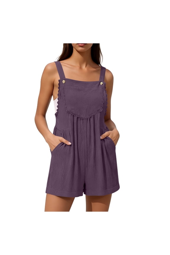 Rompers for Women Square Neck Sleeveless Lace Trim Loose Fit Bib Overalls Button Strap Casual Summer Short Jumpsuits with Pockets Purple M