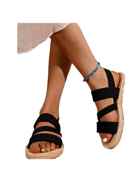 Sandals Women Back Ankle Strap Lightweight Casual Flat Sandals Open Toe Comfy Walking Slides Summer Footwear Black 8.5
