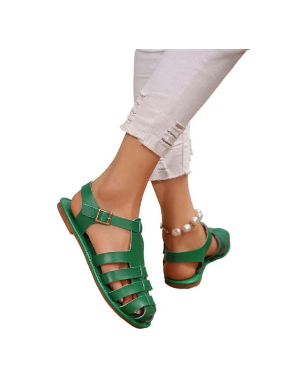 Sandals Women Closed Toe Adjustable Buckle Back Ankle Strap Vintage Fisherman Sandals Thin Rubber Sole Casual Summer Walking Flat Shoes Green 9