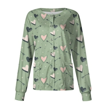 JULMCOMO Scrub Jackets for Woman love Print Long Sleeve Snap Front Warm up Medical Nursing Working Uniform Lightweight Scrubs Sets Mint Green M