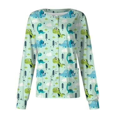 JULMCOMO Scrub Jackets for Women Cute Scrubs Set dinosaur Printed Long Sleeve Scrub Tops Button up Working Nursing Uniform Green L