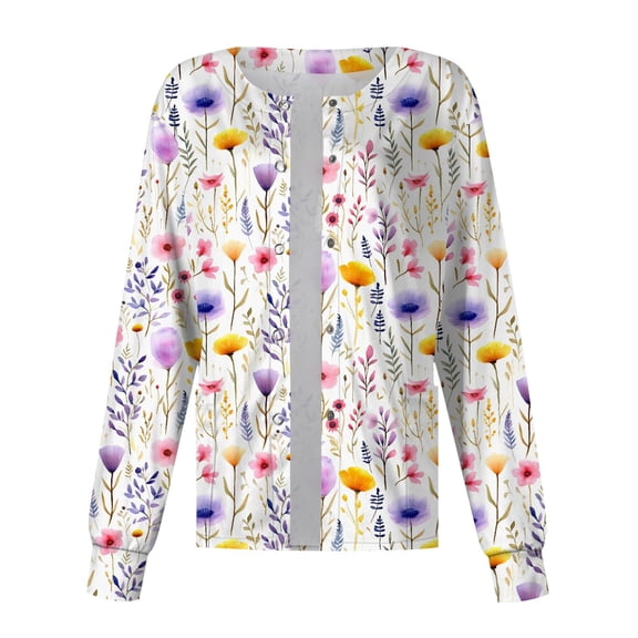JULMCOMO Scrub Jackets for Women Stretchy Floral Print Button up Long Sleeve Warm up Lab Coat Plus Size Nurses Working Uniforms Purple M