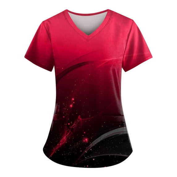JULMCOMO Scrub Tops Women Clearance Fun Star Print Short Sleeve Shirts Dressy V-Neck Healthcare Top Plus Size Workwear Tee with Pocket Hot Pink 5XL