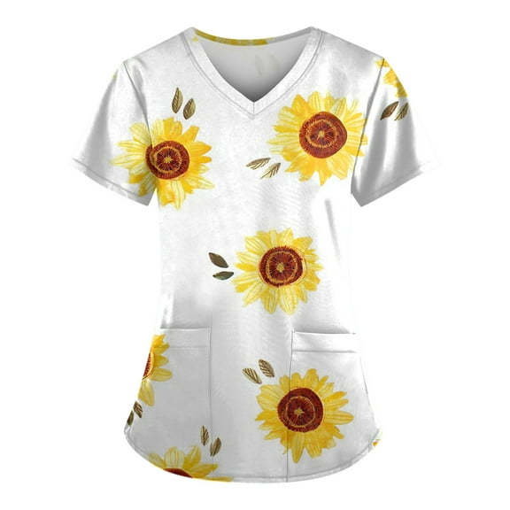 JULMCOMO Scrub Tops Women Clearance Soft Sunflower Pattern Short Sleeve Womens Scrubs Dressy V-Neck Nurse Working Uniform Medical Workwear Tee with Pockets White 3XL