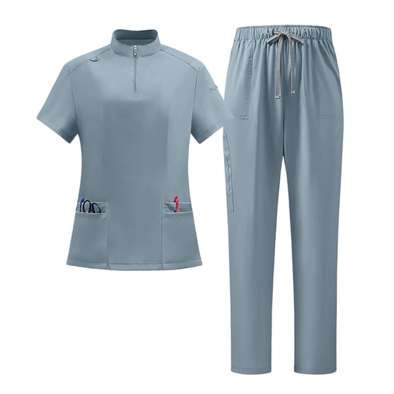 JULMCOMO Scrubs for Women 1/4 Zipper Mock Neck Breathable Hospital Medical Uniforms Short Sleeve Lightweight Nurse Two Piece Scrub Sets with Pockets Gray L