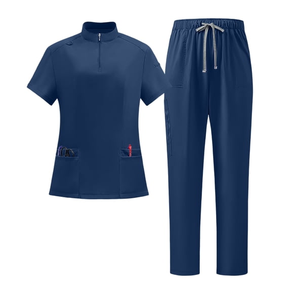 JULMCOMO Scrubs for Women 1/4 Zipper Mock Neck Breathable Hospital Medical Uniforms Short Sleeve Lightweight Nurse Two Piece Scrub Sets with Pockets Navy M