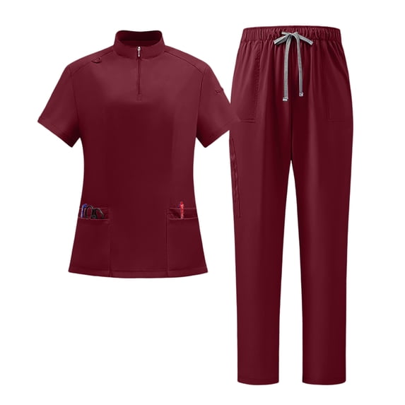 JULMCOMO Scrubs for Women 1/4 Zipper Mock Neck Breathable Hospital Medical Uniforms Short Sleeve Lightweight Nurse Two Piece Scrub Sets with Pockets Wine XL