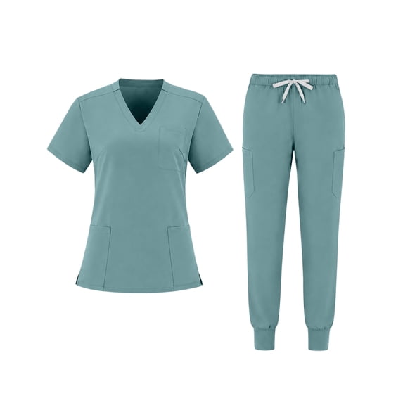JULMCOMO Scrubs for Women Button V Neck Short Sleeve Casual Medical Uniforms Comfortable Hospital Work Nurse Uniform Set with Multi Pockets Light Blue S