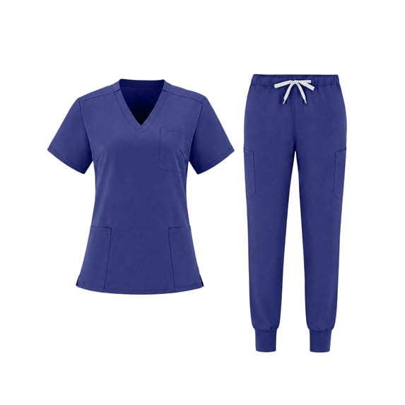 JULMCOMO Scrubs for Women Button V Neck Short Sleeve Casual Medical Uniforms Comfortable Hospital Work Nurse Uniform Set with Multi Pockets Royal Blue M