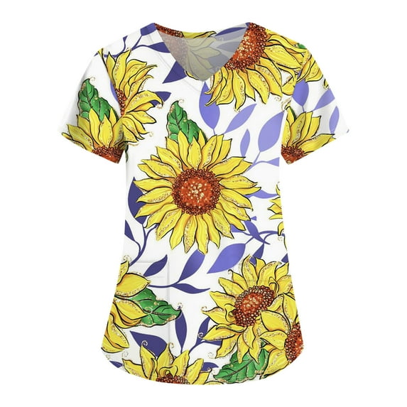 JULMCOMO Scrubs for Women Clearance Fun Sunflower Pattern Short Sleeve Scrubs Shirt Basic V-Neck Working Uniform Plus Size Workwear Tee with Side Pockets Yellow 5XL