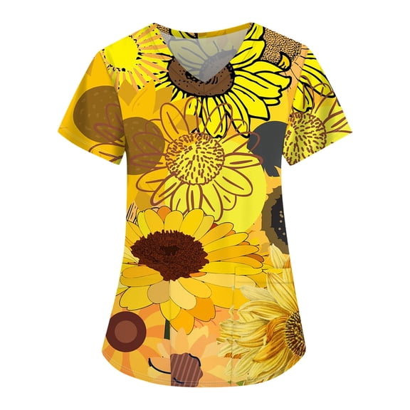 JULMCOMO Scrubs for Women Clearance Gifts Sunflower Print Short Sleeve Scrub Shirts Dressy V-Neck Healthcare Top Oversized Workwear Tee with Side Pockets Orange 2XL