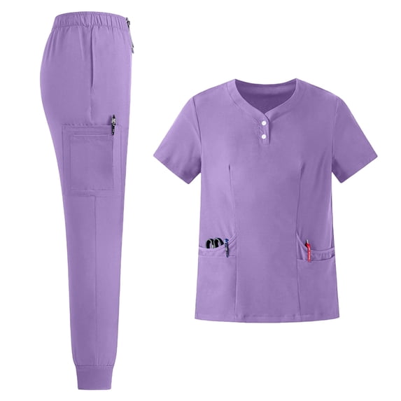 JULMCOMO Scrubs for Women Quick Dry Henley Short Sleeve Comfortable Medical Uniforms Hospital Work Two Piece Scrub Sets with Multi Pockets Light Purple L