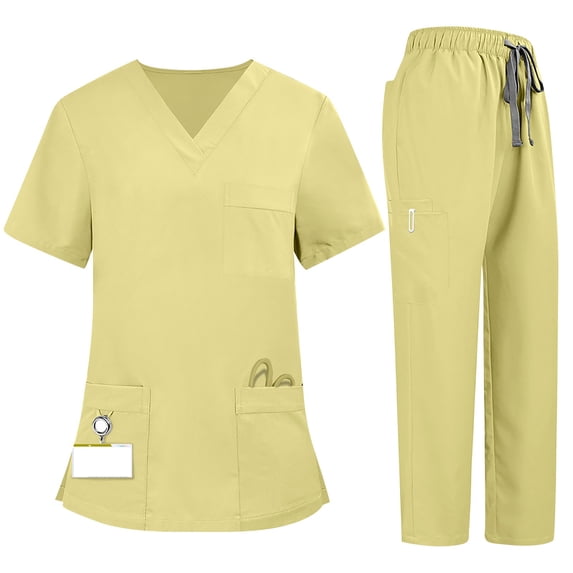 JULMCOMO Scrubs for Women Set Classic V Neck Comfy Scrub Tops Nurse Drawstring Elastic Waist Pants Short Sleeve Medical Uniforms with Pockets Yellow S