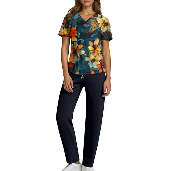 JULMCOMO Scrubs for Women Set Clearance Plus Size Scrubs Stretchy V-Neck Scrub Tops and Pants Nursing Uniforms Medical Scrubs Clothing Set for Women S