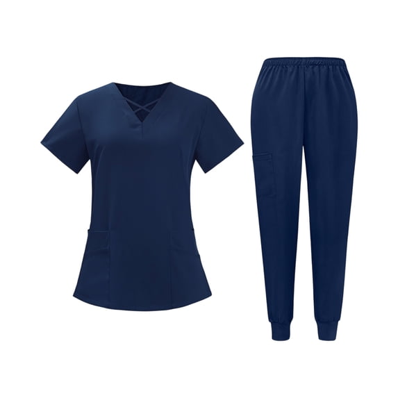 JULMCOMO Scrubs for Women Set Criss Cross V Neck Short Sleeve Nursing Tops Hospital Work Elastic Waist Pants Medical Uniforms with Multi Pockets Navy M