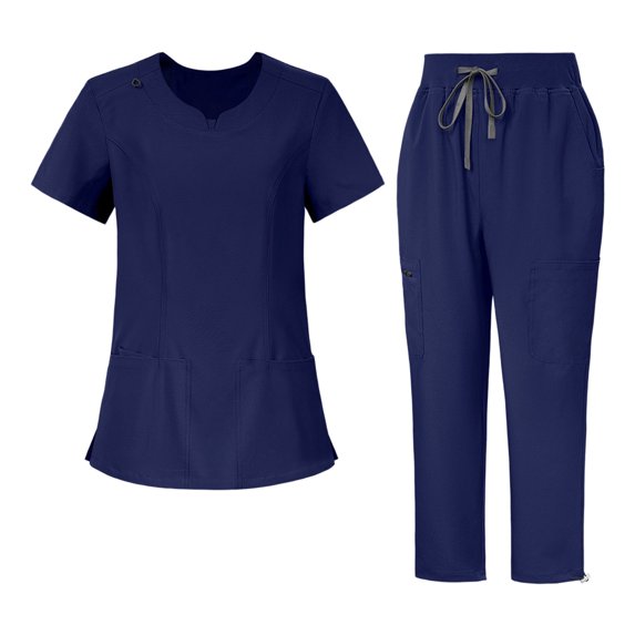JULMCOMO Scrubs for Women Set Notch Neck Solid Casual Medical Work Nurse Scrubs Short Sleeve Hospital Easy Care Uniforms with Multi Pockets Dark Blue XL