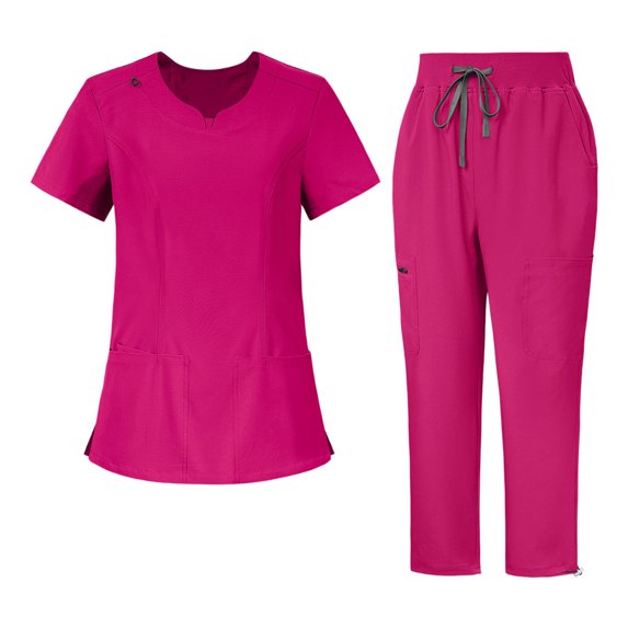 JULMCOMO Scrubs for Women Set Notch Neck Solid Casual Medical Work Nurse Scrubs Short Sleeve Hospital Easy Care Uniforms with Multi Pockets Hot Pink M