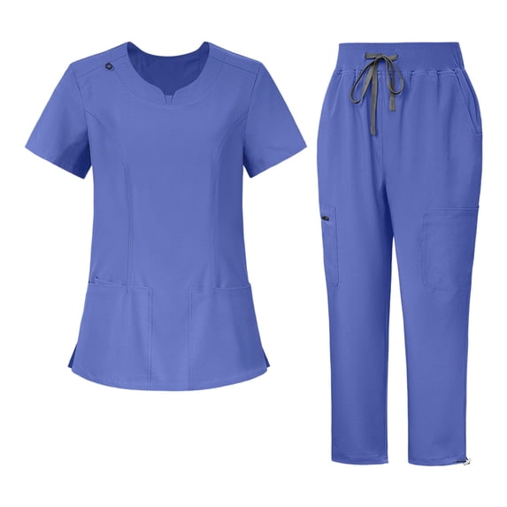 JULMCOMO Scrubs for Women Set Notch Neck Solid Casual Medical Work Nurse Scrubs Short Sleeve Hospital Easy Care Uniforms with Multi Pockets Sky Blue S