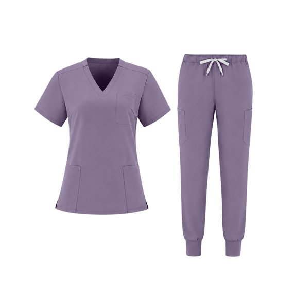 JULMCOMO Scrubs for Women Button V Neck Short Sleeve Casual Medical Uniforms Comfortable Hospital Work Nurse Uniform Set with Multi Pockets Purple L