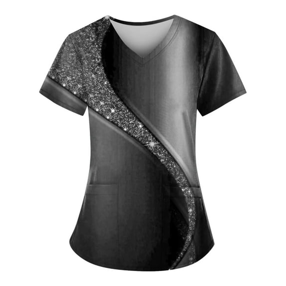 JULMCOMO Scrubs for Women Clearance Soft Star Graphic Short Sleeve Scrubs Shirt Trendy V Neck Working Uniform Plus Size Workwear with Pocket Black XL