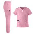 thumbnail image 1 of JULMCOMO Scrubs for Women Quick Dry Henley Short Sleeve Comfortable Medical Uniforms Hospital Work Two Piece Scrub Sets with Multi Pockets Pink L, 1 of 6