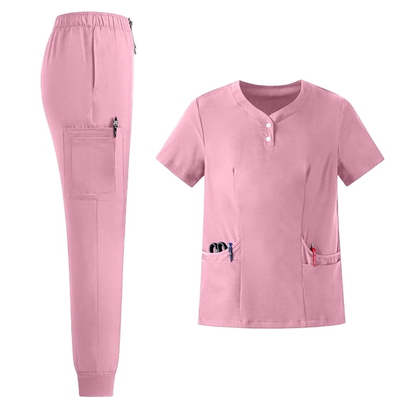 JULMCOMO Scrubs for Women Quick Dry Henley Short Sleeve Comfortable Medical Uniforms Hospital Work Two Piece Scrub Sets with Multi Pockets Pink L