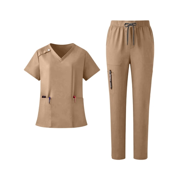 JULMCOMO Scrubs for Women Quick Dry V Neck Short Sleeve Solid Comfy Medical Uniforms Hospital Work Two Piece Scrub Sets with Multi Pockets Khaki S