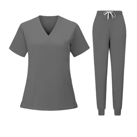 JULMCOMO Scrubs for Women Quick Dry V Neck Short Sleeve Stretchy Medical Uniforms Hospital Work 2 Piece Sets with Multi Pockets Gray M