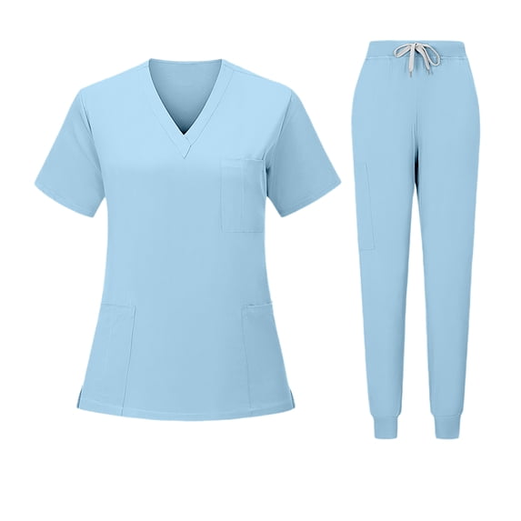 JULMCOMO Scrubs for Women Quick Dry V Neck Short Sleeve Stretchy Medical Uniforms Hospital Work 2 Piece Sets with Multi Pockets Light Blue L