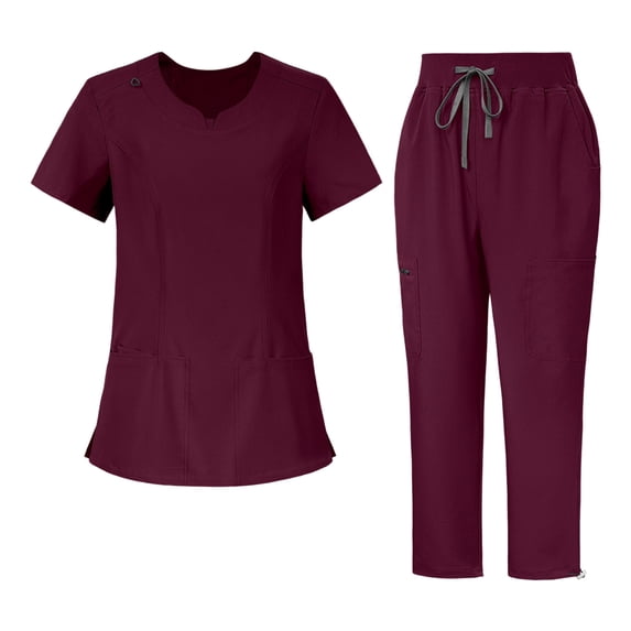 JULMCOMO Scrubs for Women Set Notch Neck Solid Casual Medical Work Nurse Scrubs Short Sleeve Hospital Easy Care Uniforms with Multi Pockets Wine XL