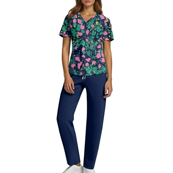 JULMCOMO Scrubs for Women Set Plus Size Scrub Joggers Stretchy V-Neck Scrub Pants and Tops Nursing Top Medical Uniforms Scrub Jumpsuit M