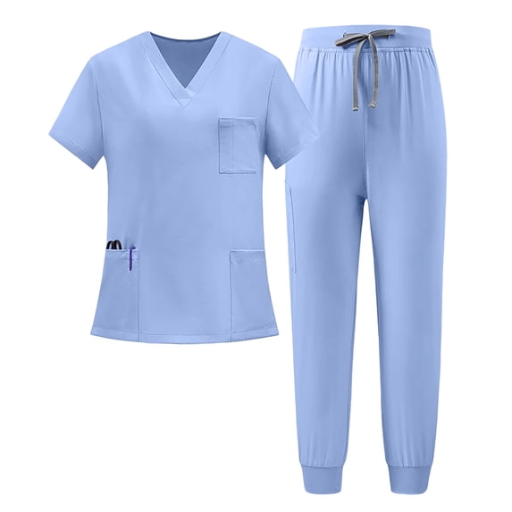 JULMCOMO Scrubs for Women Set Quick Dry Stretchy V Neck Easy Care Uniforms Short Sleeve Hospital Medical Work Scrubs with Multi Pockets Light Blue XL
