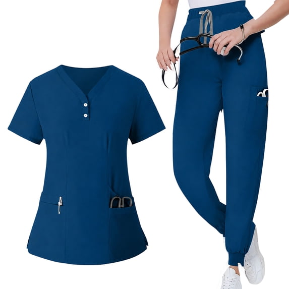 JULMCOMO Scrubs for Women Set Quick Dry V Neck Solid Hospital Medical Work Scrubs Short Sleeve Easy Care Uniforms with Multi Pockets Blue L
