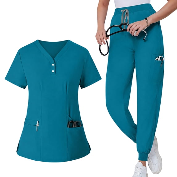 JULMCOMO Scrubs for Women Set Quick Dry V Neck Solid Hospital Medical Work Scrubs Short Sleeve Easy Care Uniforms with Multi Pockets Cyan 2XL