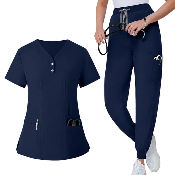 JULMCOMO Scrubs for Women Set Quick Dry V Neck Solid Hospital Medical Work Scrubs Short Sleeve Easy Care Uniforms with Multi Pockets Dark Blue XL