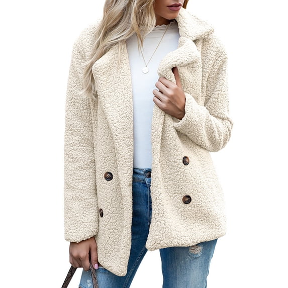 JULMCOMO Sherpa Fleece Jackets for Women Plus Size Lapel Collar Button Soft Fuzzy Teddy Coats Casual Warm Winter Outerwear with Pockets Beige S